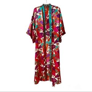 FREDERICKS OF HOLLYWOOD Maxi Kimono Robe Geometric Floral Satin Pockets Belted S